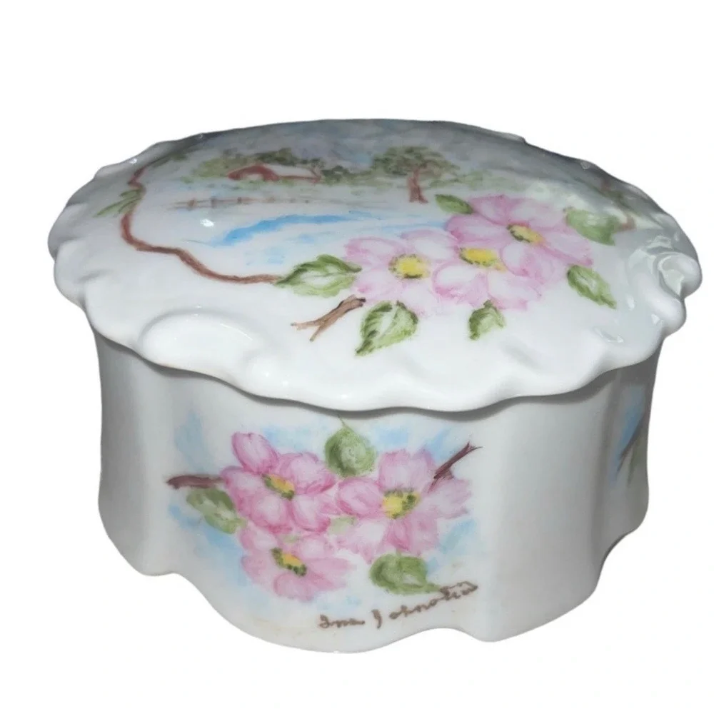 VTG painted China Trinket jewelry Dish Lid flowers Cottage-core Granny Scotland
